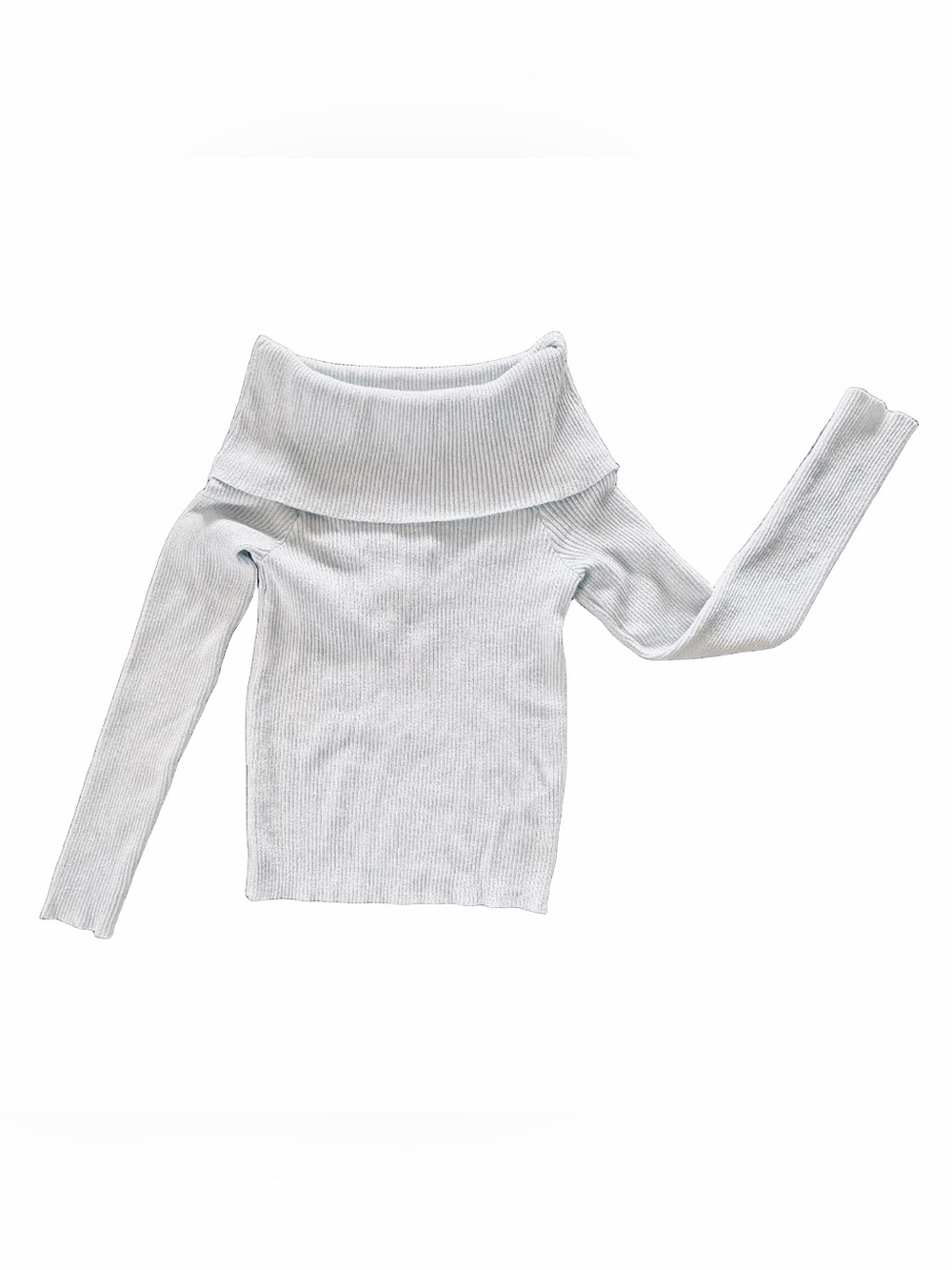 Silver Metallic Off Shoulder Ribbed Knit Sweater - Picture 2 of 3